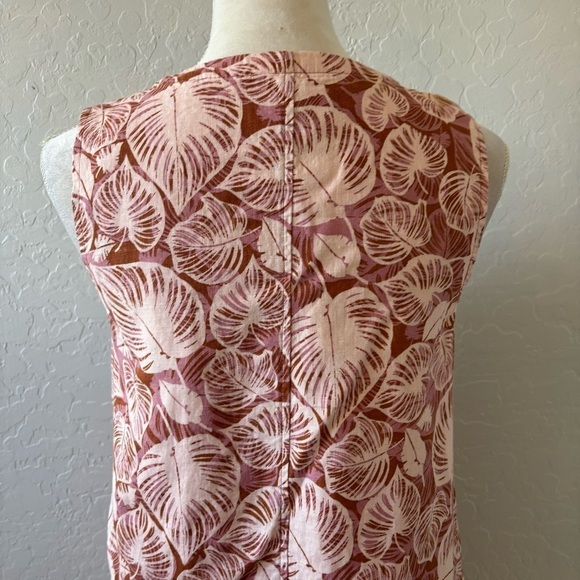 Tahari Pink Leaf Print V-Neck Sleeveless Linen A-Line Dress Pockets Size Small - Picture 6 of 11